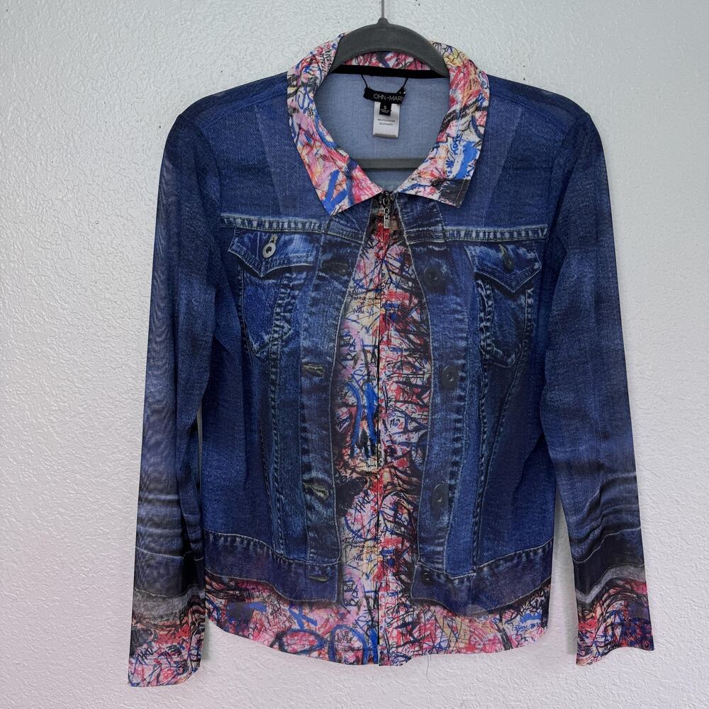John Mark Top Womens Small Faux Denim Jacket Print Mesh Zip Y2K Blouse Artsy